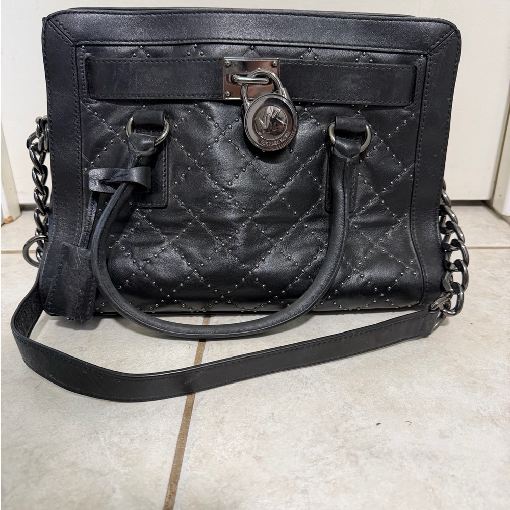 Michael Kors Black Quilted Leather Satchel Handbag with Chain Strap